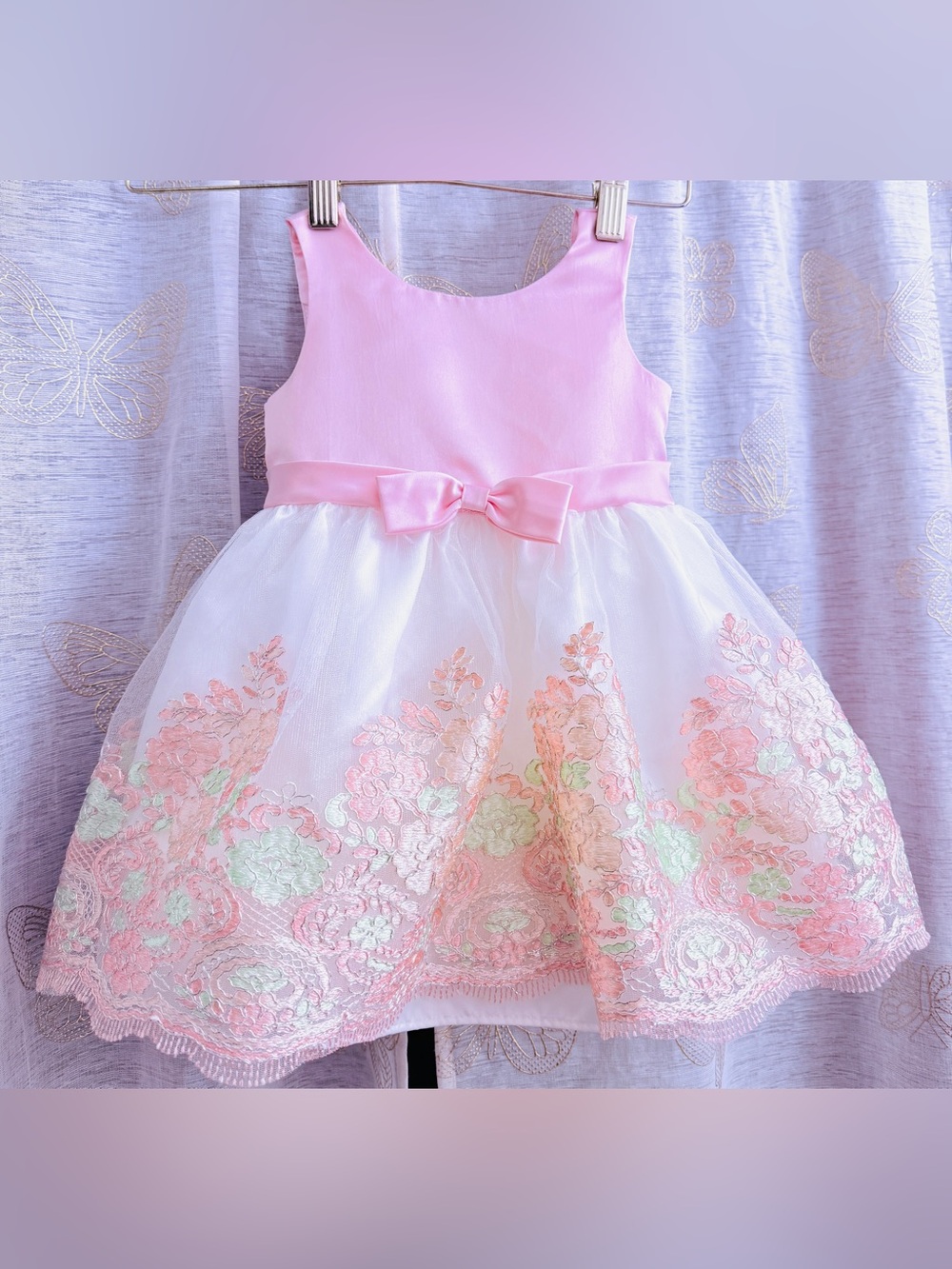 Bonnie Baby Girls 18M Pink Satin Embroidered Floral Lace Party Dress